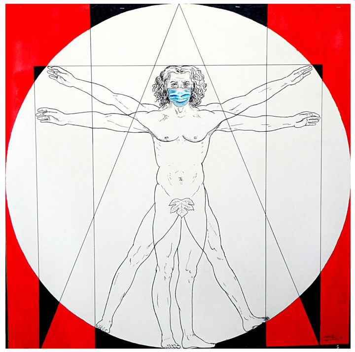 Dessin intitulée "Homme de Vitruve" par Pierre Fabry, Œuvre d'art originale, Encre