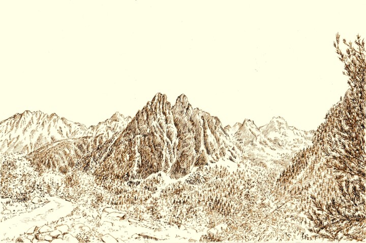 Dessin intitulée "Dans les Pyrénées" par Pierre Fabry, Œuvre d'art originale, Encre