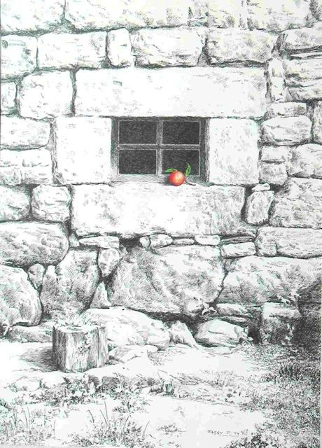 Dessin intitulée "Pomme à la fenêtre" par Pierre Fabry, Œuvre d'art originale, Autre