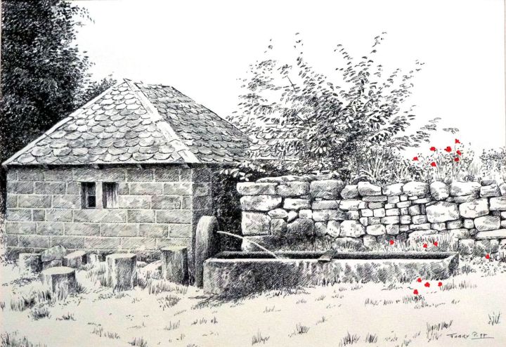 Drawing titled "Fontaine aux coquel…" by Pierre Fabry, Original Artwork, Ink
