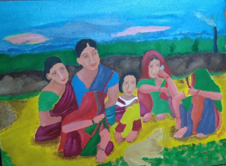 Painting titled "Peace Of Village" by Devendra Kumar Patel, Original Artwork, Oil
