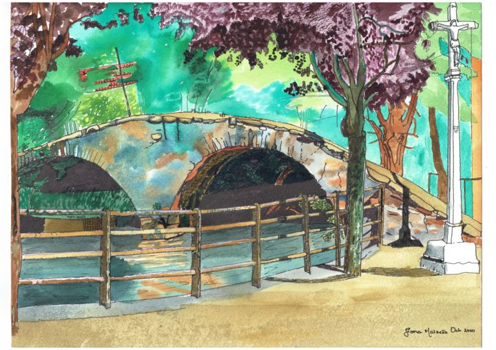 Painting titled "The roman bridge in…" by Fiona Maude Malseed-Viollet, Original Artwork, Watercolor