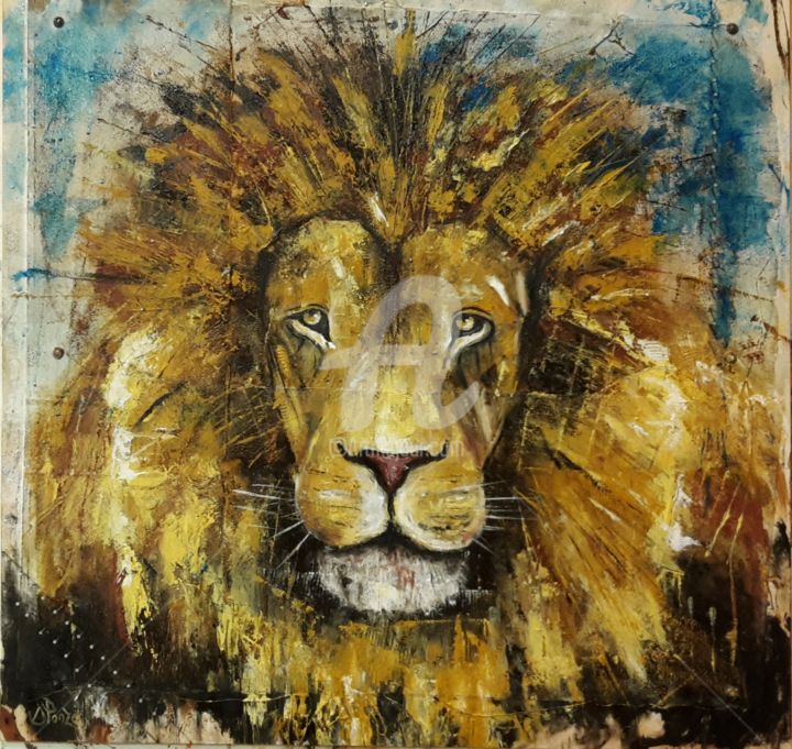 Pittura intitolato "Lion,47nailsi,oil,c…" da Devis Ponzellini, Opera d'arte originale, Olio
