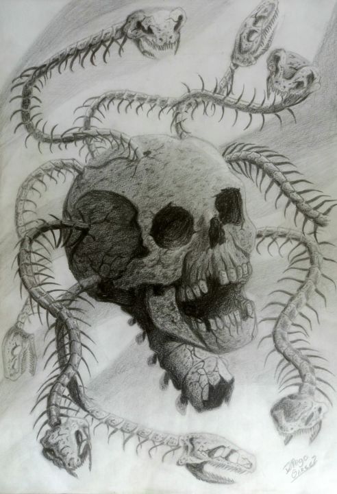 Drawing titled "Medusa Skull" by Diego Garcez, Original Artwork, Pencil