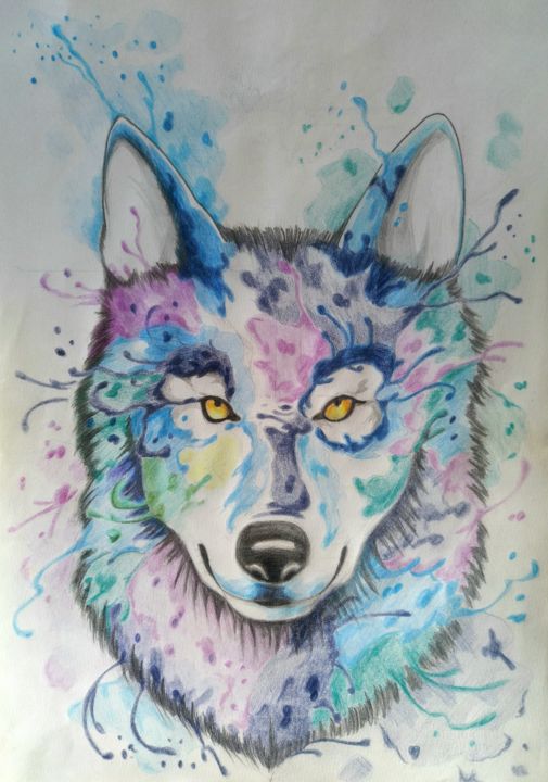 Dessin intitulée "Color Wolf" par Diego Garcez, Œuvre d'art originale, Crayon