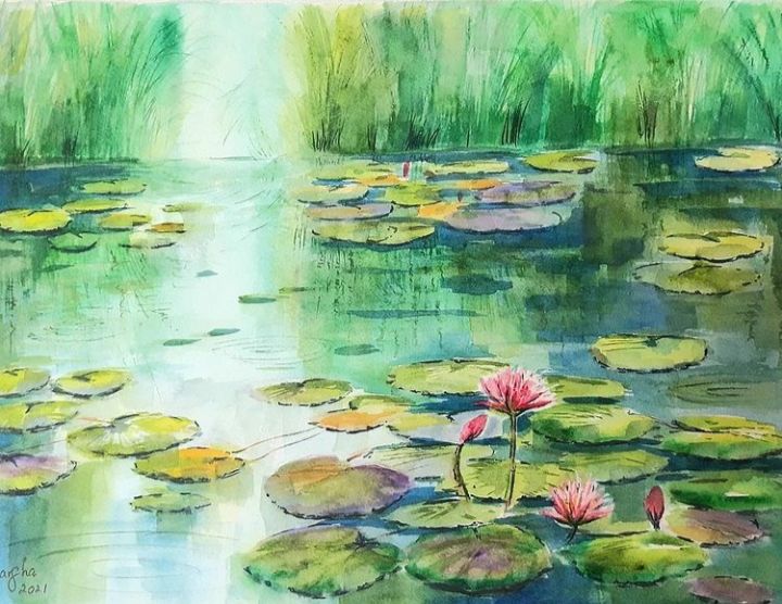 Peinture intitulée "The pond" par Dharsha Samarasinha, Œuvre d'art originale, Aquarelle