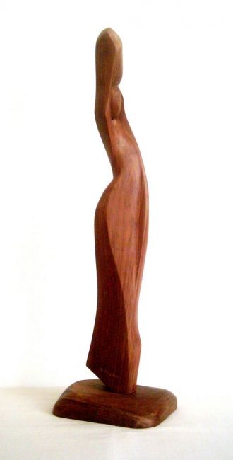 Sculpture titled ""Porteuse d'eau"" by Dhyaneswar Dausoa, Original Artwork, Wood