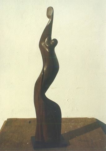 Sculpture titled "Along with Mom" by Dhyaneswar Dausoa, Original Artwork, Wood