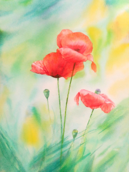 Painting titled "red flowers" by Di Hao, Original Artwork, Watercolor