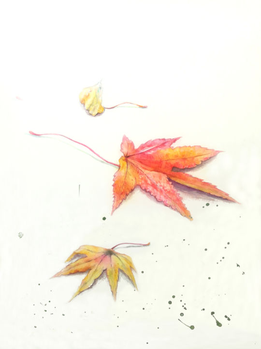 Painting titled "red leaves 1" by Di Hao, Original Artwork, Watercolor
