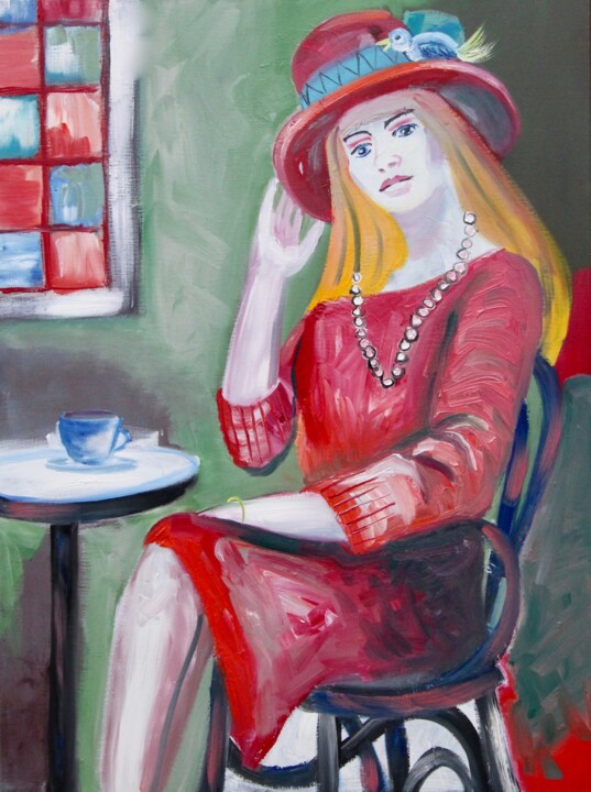Painting titled "Mädchen mit Vogel a…" by Diana Achtzig, Original Artwork, Oil Mounted on Wood Stretcher frame