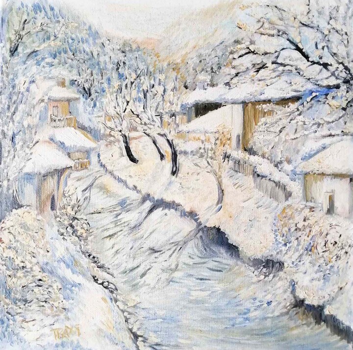 Painting titled "Snow, Houses,River,…" by Diana Dimova - Traxi, Original Artwork, Oil