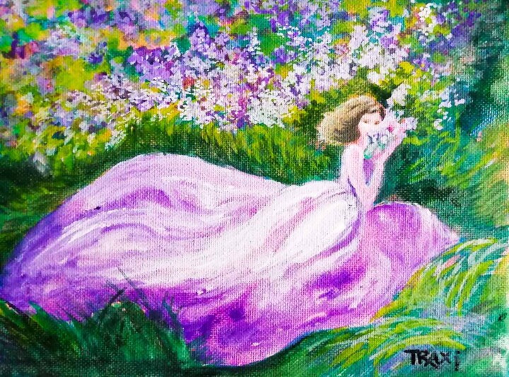 Картина под названием "Flowers Art, Woman…" - Diana Dimova - Traxi, Подлинное произведение искусства, Темпера