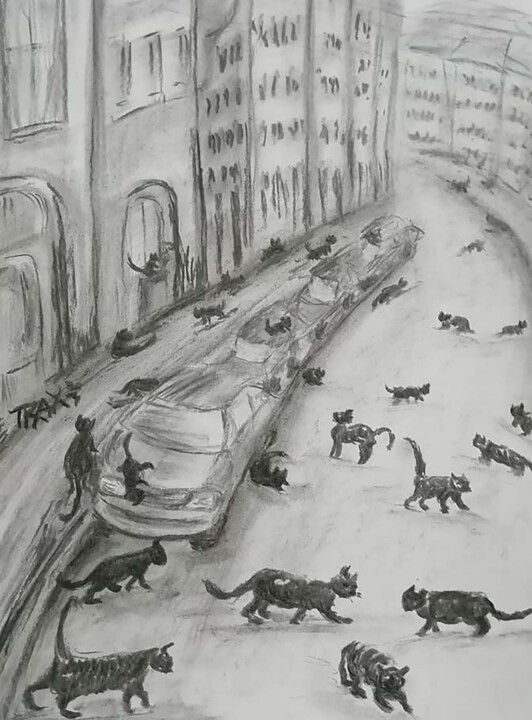 Drawing titled "Black Cats Art Frid…" by Diana Dimova - Traxi, Original Artwork, Charcoal