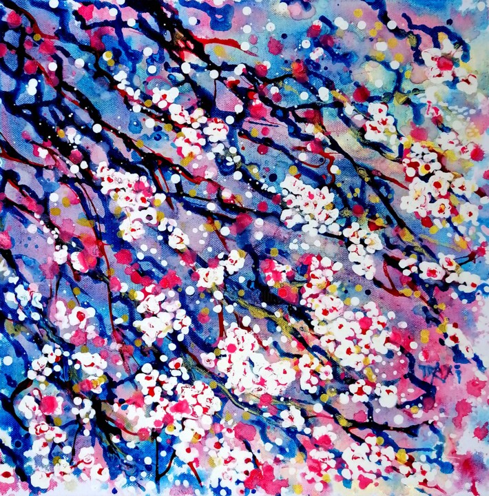 Painting titled "Sakura Blossoms: An…" by Diana Dimova - Traxi, Original Artwork, Acrylic