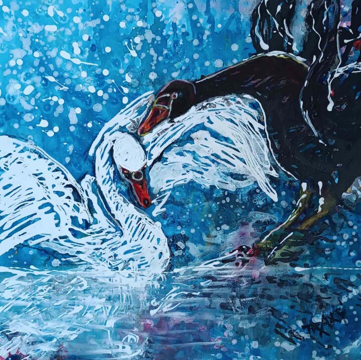 Painting titled "Abstract Swan Lake…" by Diana Dimova - Traxi, Original Artwork, Acrylic