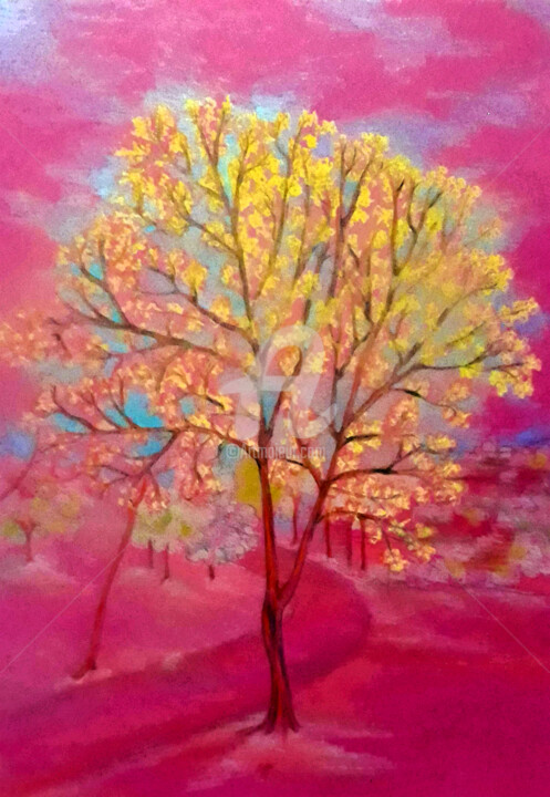 Drawing titled "Autumn golden tree…" by Diana Editoiu, Original Artwork, Pastel