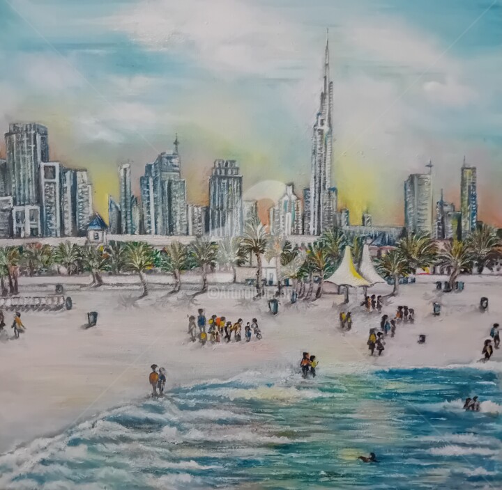 Schilderij getiteld "Dubai beach sunset" door Diana Editoiu, Origineel Kunstwerk, Olie