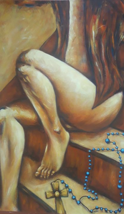 Painting titled "Mujer y rosario" by Diana Francia, Original Artwork, Oil