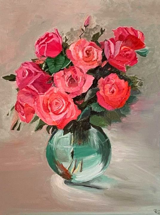 Painting titled "Роза в вазе. Rose i…" by Diana Gilevich, Original Artwork, Oil