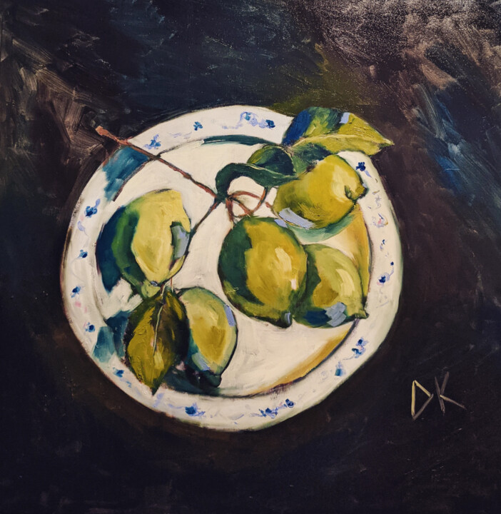 Malerei mit dem Titel "Zitronen auf Teller" von Diana Knepper, Original-Kunstwerk, Öl Auf Keilrahmen aus Holz montiert