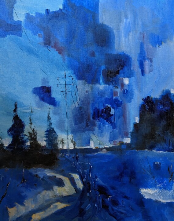 Malerei mit dem Titel "Der Marsch der blau…" von Diana Knepper, Original-Kunstwerk, Öl Auf Karton montiert