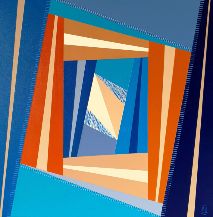 Schilderij getiteld "Blue scape" door Diana Large, Origineel Kunstwerk, Acryl Gemonteerd op Frame voor houten brancard