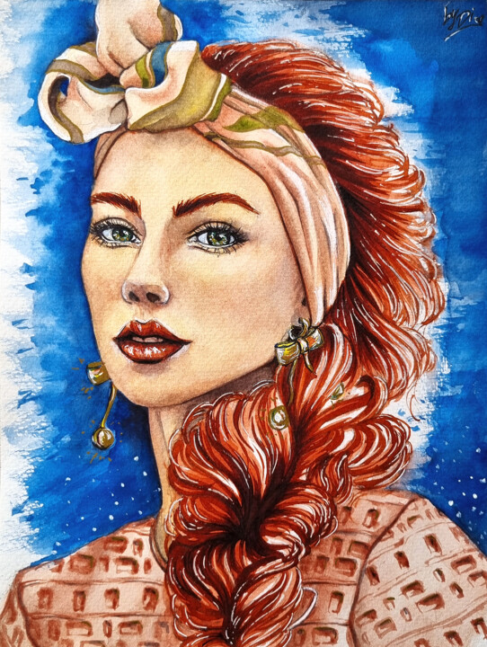 Pintura intitulada "Ginger Braid" por Diana Rode, Obras de arte originais, Aquarela