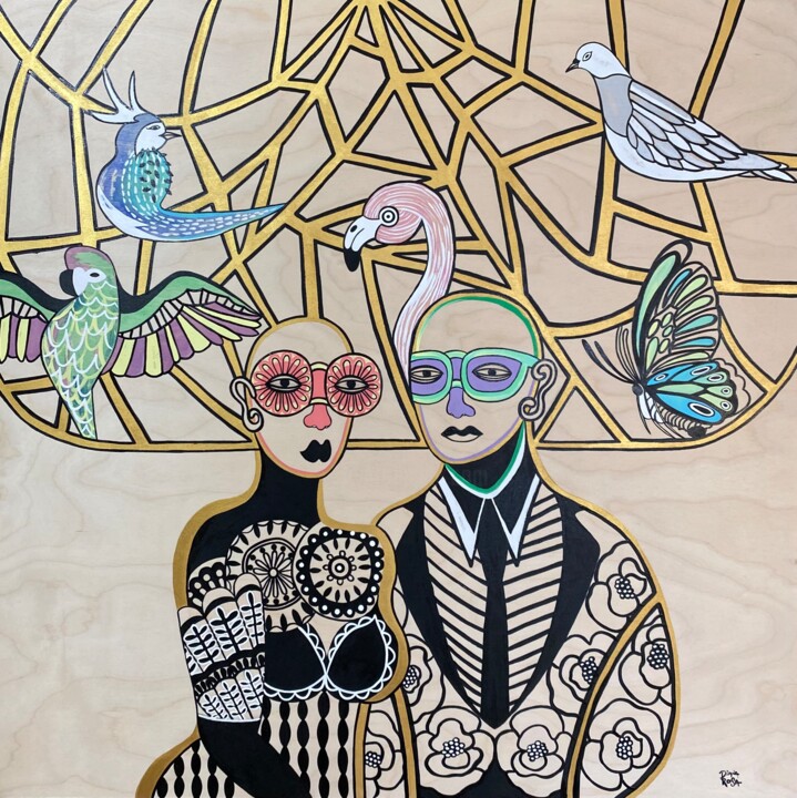 Картина под названием "Empire of the birds" - Diana Rosa, Подлинное произведение искусства, Акрил Установлен на Деревянная р…