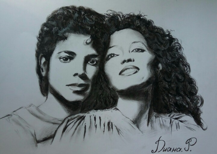 Dessin intitulée ""Майкл Джексон и Да…" par Diana Rovner, Œuvre d'art originale, Fusain