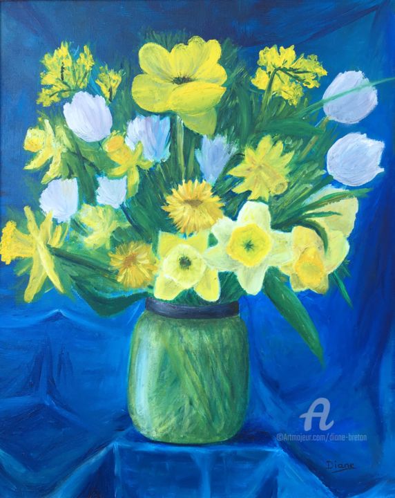 Peinture intitulée "Le bouquet bleu" par Diane Breton, Œuvre d'art originale, Huile