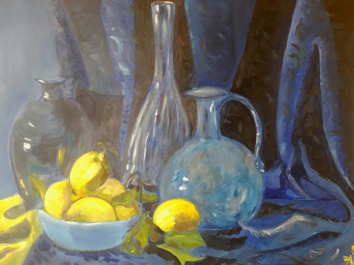 Painting titled "Nature morte jaune…" by Diane Medus, Original Artwork, Oil