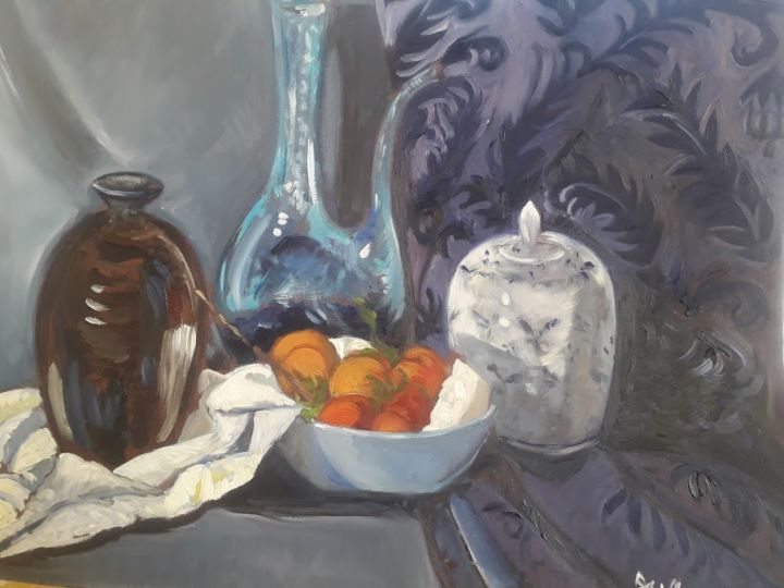 Painting titled "Bleu et orange, nat…" by Diane Medus, Original Artwork, Oil