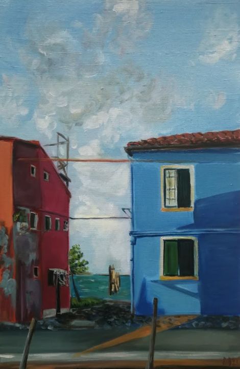Peinture intitulée "Maison bleue à Bura…" par Diane Medus, Œuvre d'art originale, Huile Monté sur Carton