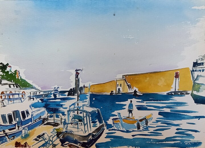 Painting titled "Au Port de Nice, Lo…" by Diane Medus, Original Artwork, Watercolor