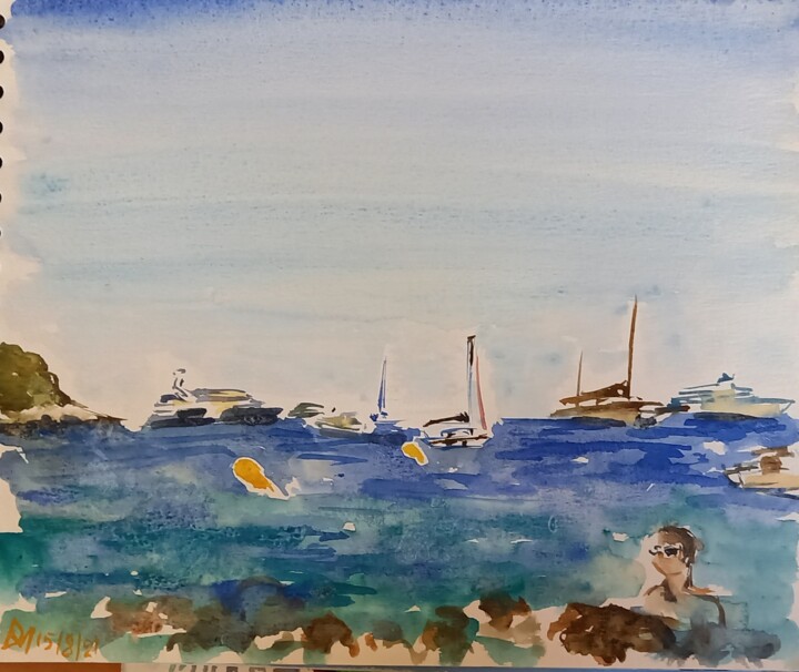 Painting titled "Baigneur et bateaux…" by Diane Medus, Original Artwork, Watercolor