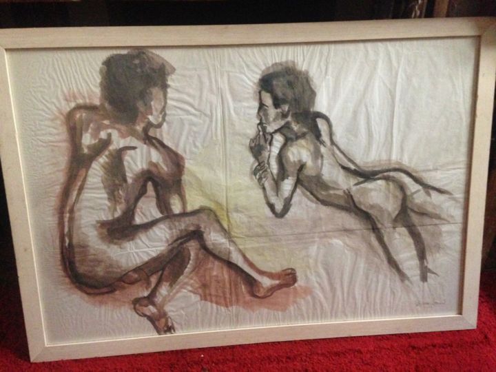 Drawing titled "Garçons nus allongés" by Diane Serard, Original Artwork, Gouache