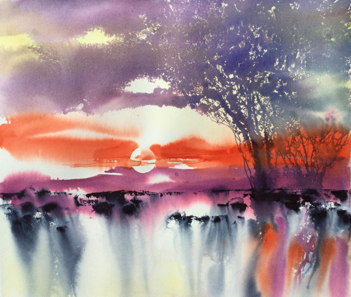 Painting titled "Soleil fondu" by Diane Beaulieu, Original Art, Watercolor
