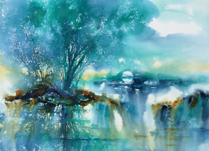 Malerei mit dem Titel "Les bleus fondus" von Diane Beaulieu, Original-Kunstwerk, Aquarell