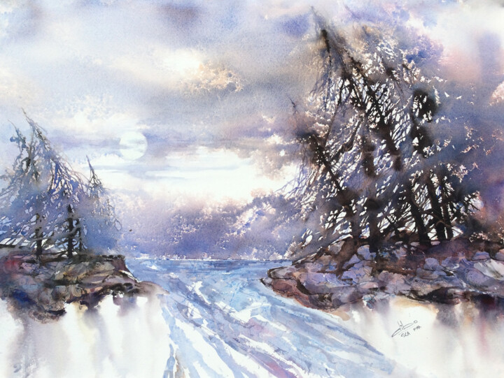 Malerei mit dem Titel "Éclaircie" von Diane Beaulieu, Original-Kunstwerk, Aquarell Auf Holzplatte montiert