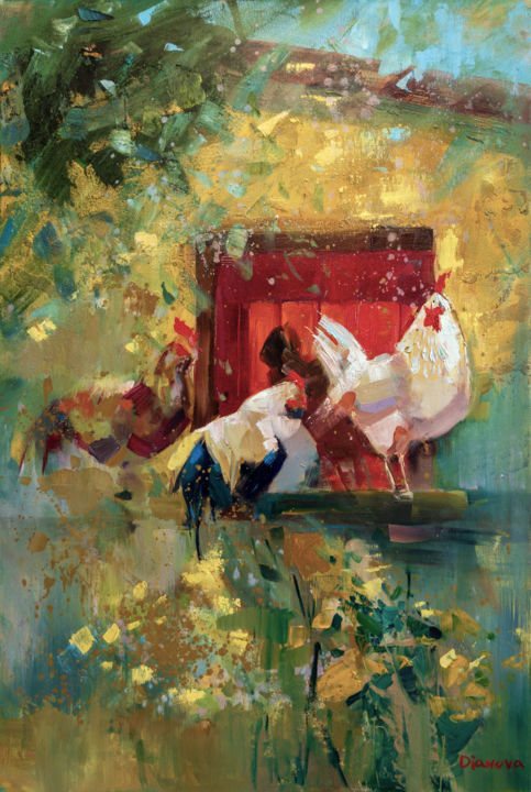 Ζωγραφική με τίτλο "Morning roosters" από Tatyana Bashtannik (Tatyana Dianova), Αυθεντικά έργα τέχνης, Λάδι