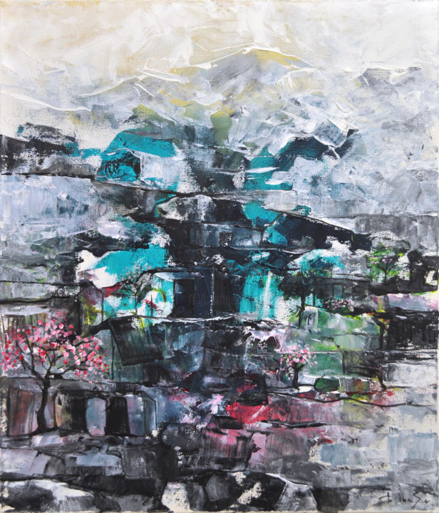 Malerei mit dem Titel "Maisons sur la Coli…" von Dibasar, Original-Kunstwerk, Acryl