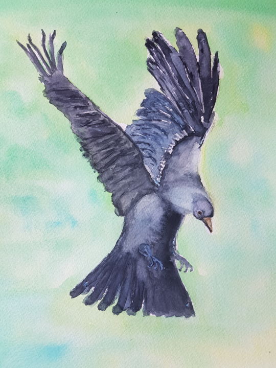 Painting titled "black bird" by Christine Nemoz, Original Art, Watercolor