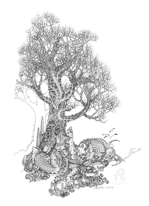 Disegno intitolato "Le dragon et l'oise…" da Didier Fleurantin, Opera d'arte originale, Inchiostro