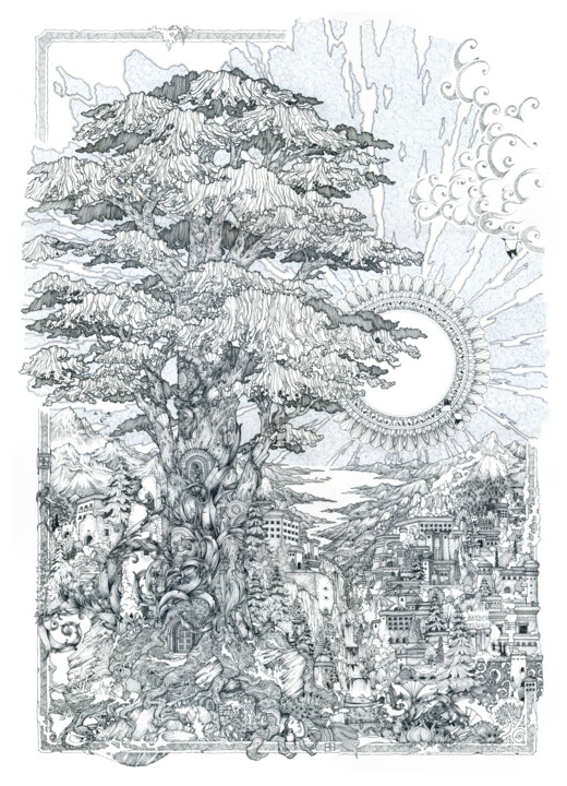 Disegno intitolato "Le grand cèdre.jpg" da Didier Fleurantin, Opera d'arte originale, Inchiostro