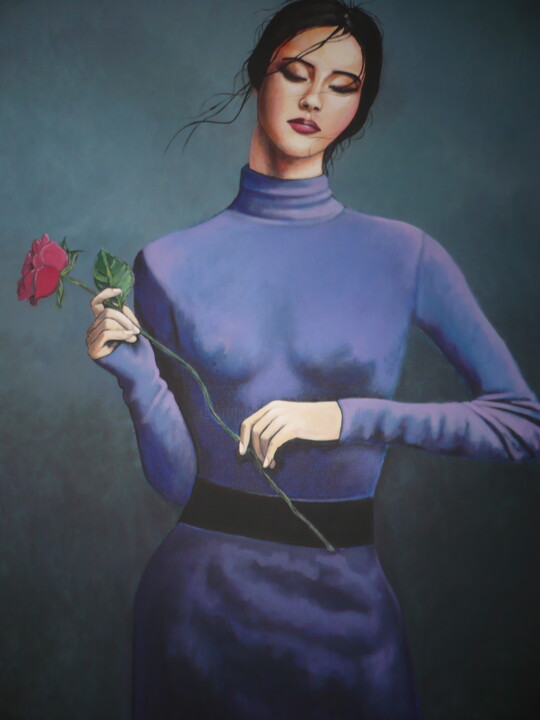 Painting titled "jeune femme à la ro…" by Didier Chiarabini, Original Artwork, Acrylic