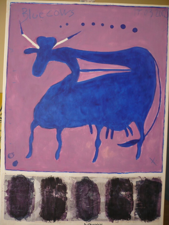 Painting titled "Blue Cow" by Didier Chiarabini, Original Artwork, Acrylic