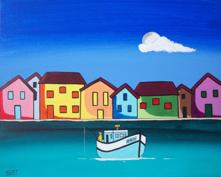 Painting titled "Tableau Naif  Pêche…" by Didier Dordeins, Original Artwork, Acrylic