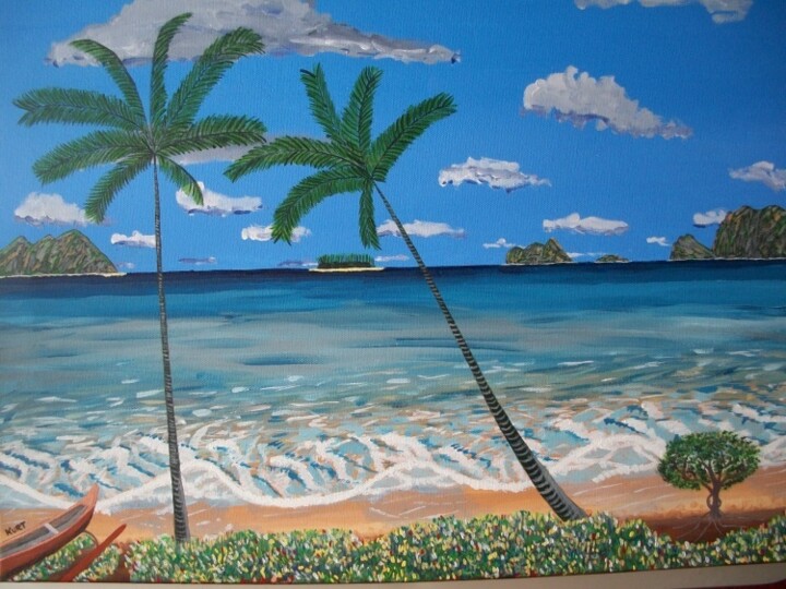 Malerei mit dem Titel "Tableau Naif Plage…" von Didier Dordeins, Original-Kunstwerk, Acryl