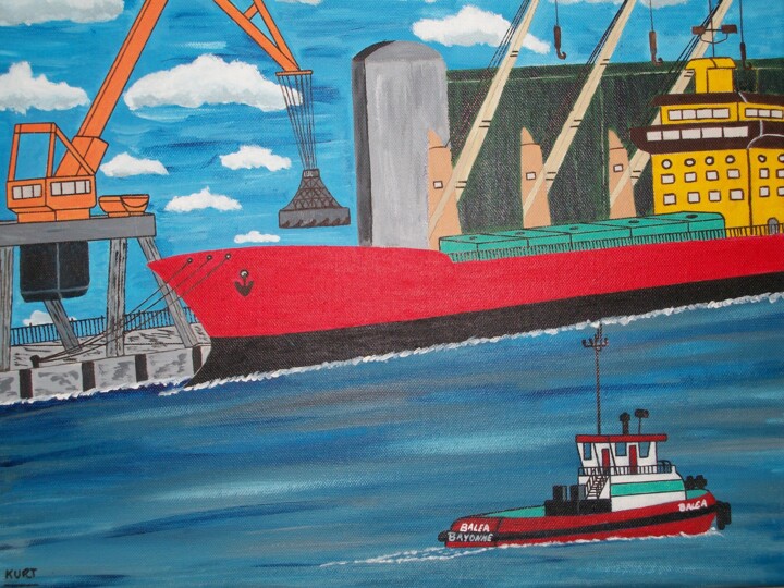 Painting titled "Tableau naif Port d…" by Didier Dordeins, Original Artwork, Acrylic